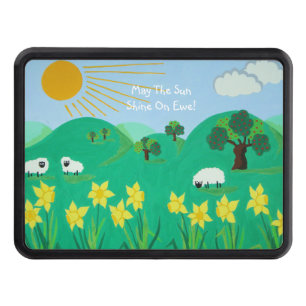 fun scenic illustration of cute sheep trailer hitch cover