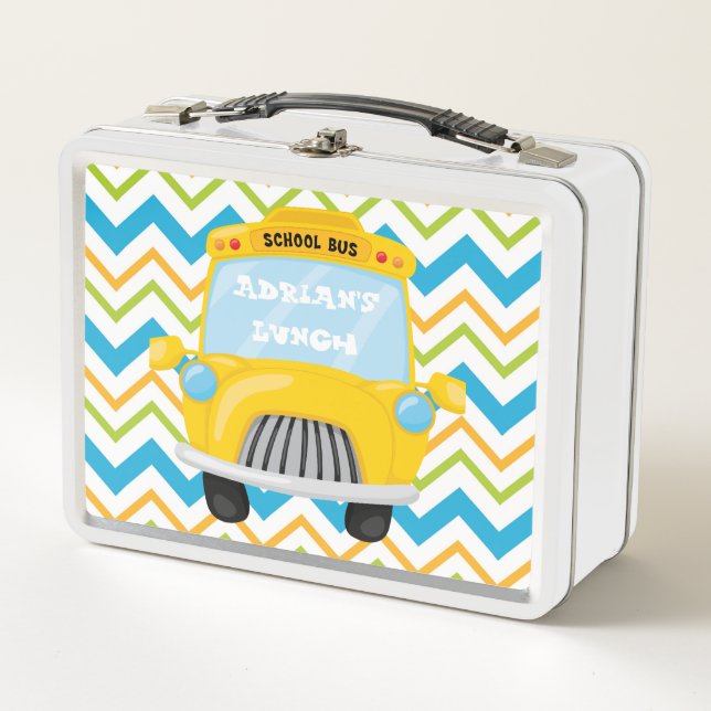 Fun School bus on Chevron Background Metal Lunch Box (Front)