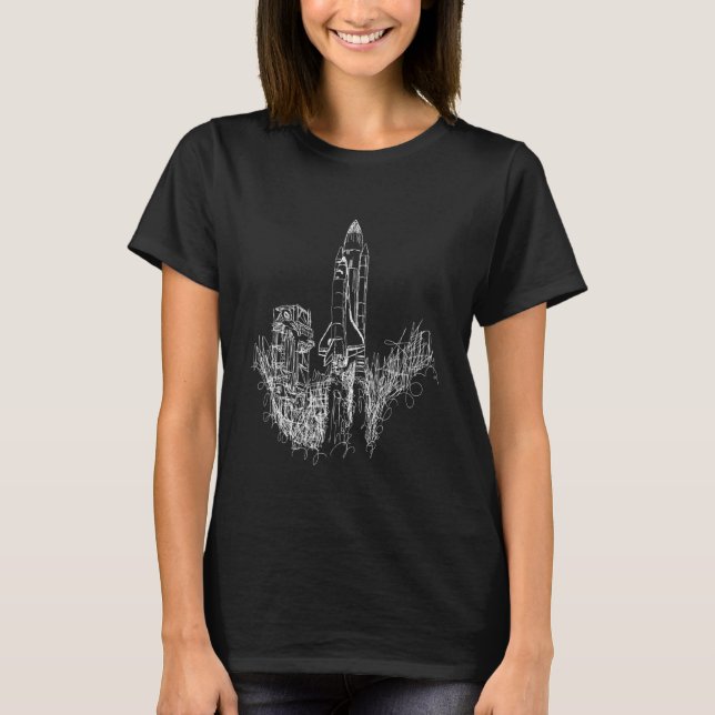 Fun Sci fi Space Shuttle Rocket Launch Doodle Sket T-Shirt (Front)