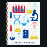 Fun Science Chemistry Laboratory Custom Blue Notebook<br><div class="desc">This fun custom notebook features a cute science and chemistry themed design in primary colours. Personalize it with your name. Great gift idea!</div>