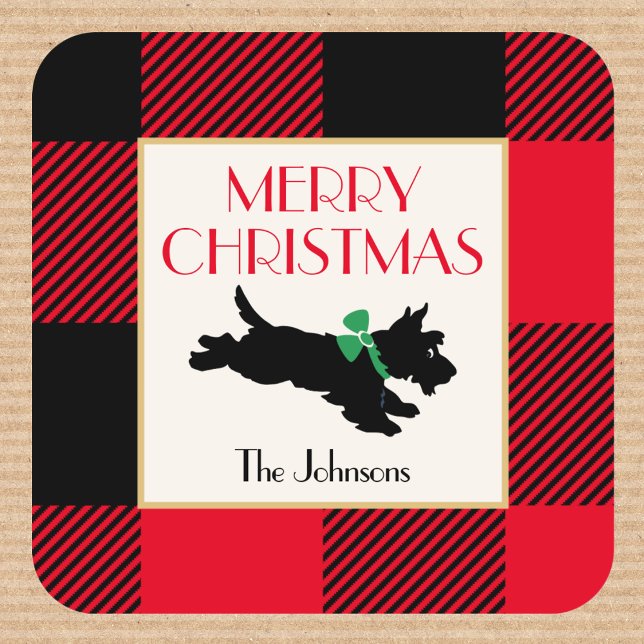 Fun Scottie Dog Christmas Custom Name Red Square Sticker (Creator Uploaded)