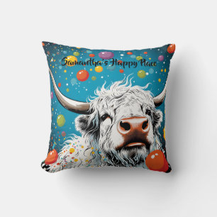 Fun Scottish Highland Cow with Bubbles. Editable Throw Pillow