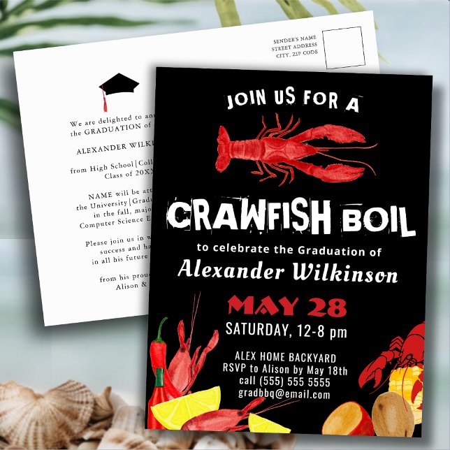 Fun Script Crawfish Boil Graduation BBQ Invitation Postcard (Creator Uploaded)