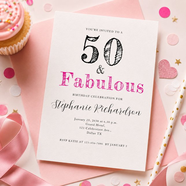 Fun Script Fifty and Fabulous 50th Birthday Party Invitation (Add Name & Event details via the template to customize)