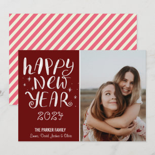 Fun Script Happy New Year Photo Cute Red Stripe Holiday Card