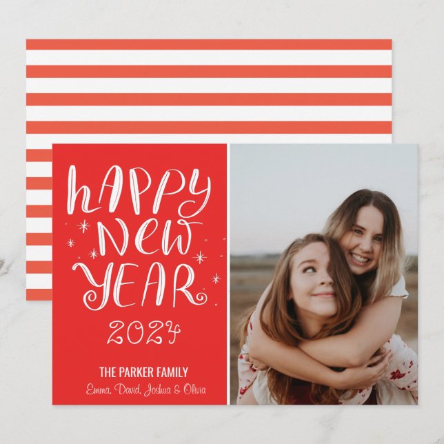 Fun Script Happy New Year Photo Cute Red Stripe Holiday Card (Front/Back)