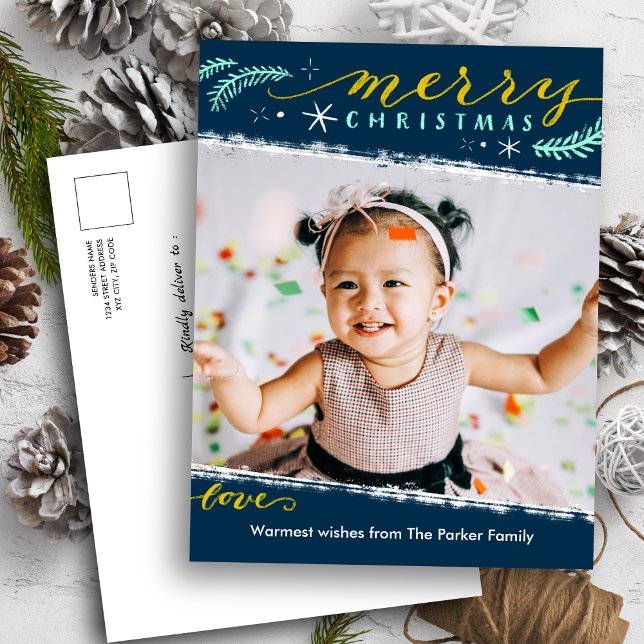 Fun Script Merry Christmas on Green Simple Photo Holiday Postcard (Creator Uploaded)