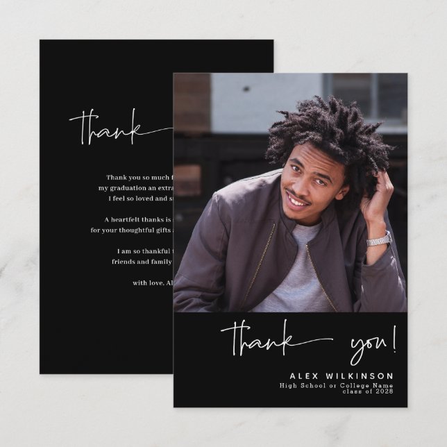 Fun Script Modern Simple Photo Graduation Thank You Card (Front/Back)