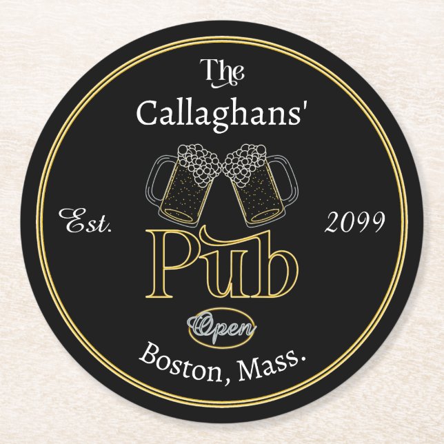 Fun Script Text Pub w Beers Drink Coasters (Front)