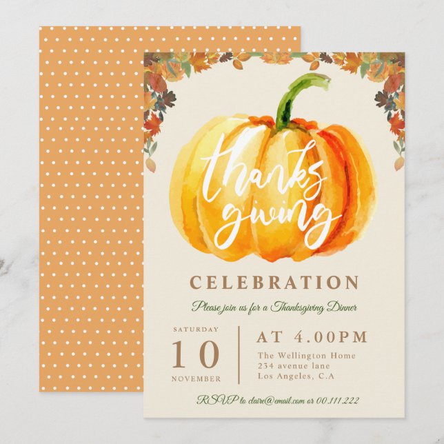 fun script watercolor pumpkin thanksgiving dinner invitation (Front/Back)
