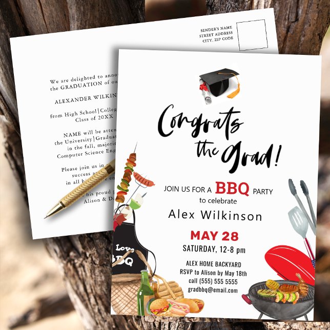Fun Scripty Red Graduation BBQ Party Invitation Postcard (Creator Uploaded)