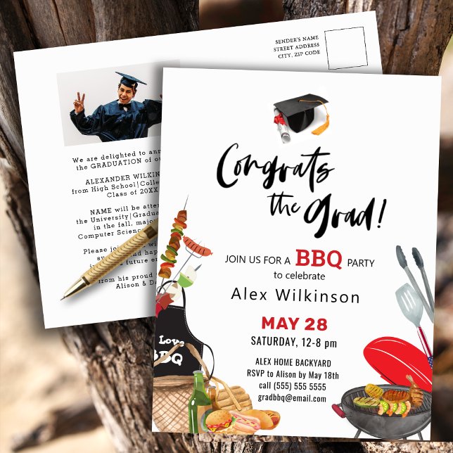 Fun Scripty Red Photo Graduation BBQ Invitation Postcard (Creator Uploaded)