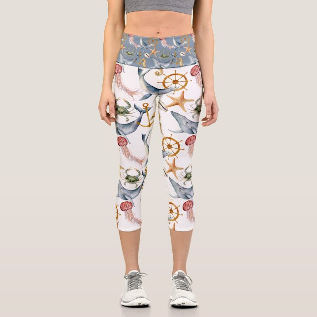 Fun Sea Life Nautical Pattern Capri Leggings (Front)