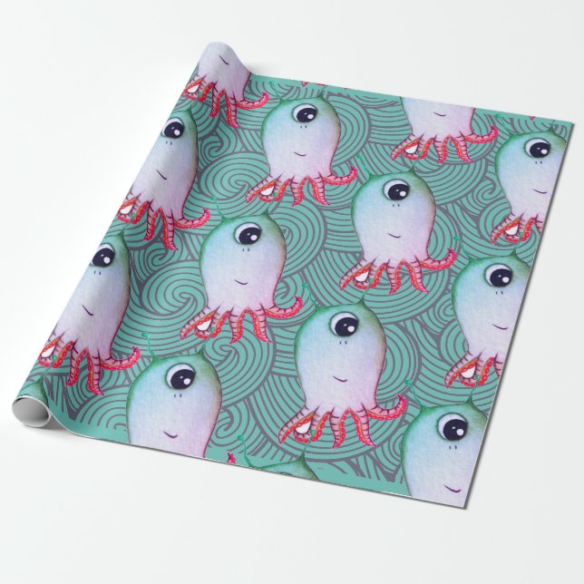 FUN SEA MONSTER JAPANESE WAVES Wrapping Paper (Unrolled)