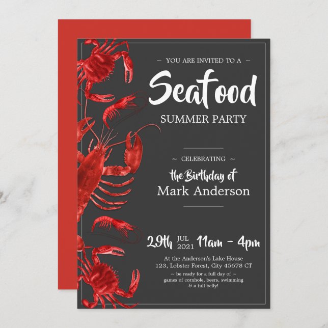 Fun Seafood Summer Dark Grey Birthday Party Invitation (Front/Back)