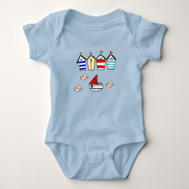 fun seaside huts & boat baby bodysuit (Front)