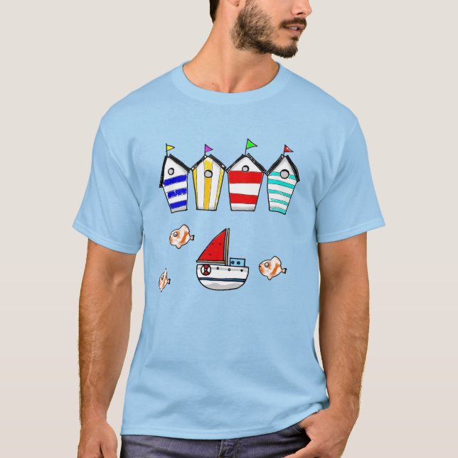 fun seaside huts & boat T-Shirt (Front)