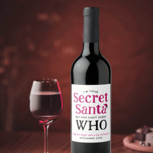 Fun Secret Santa Red And White Hat Modern Script   Wine Label