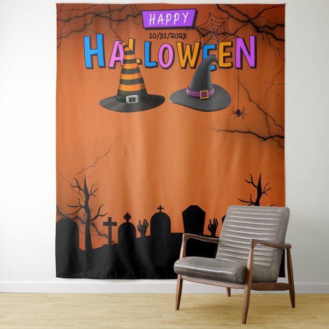 Fun Selfie Station Halloween Party Backdrop Tapestry (In Situ)