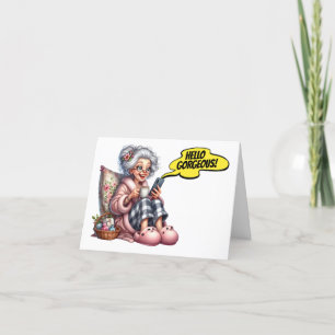 Fun Senior With Coffee and Cell Phone Note Card