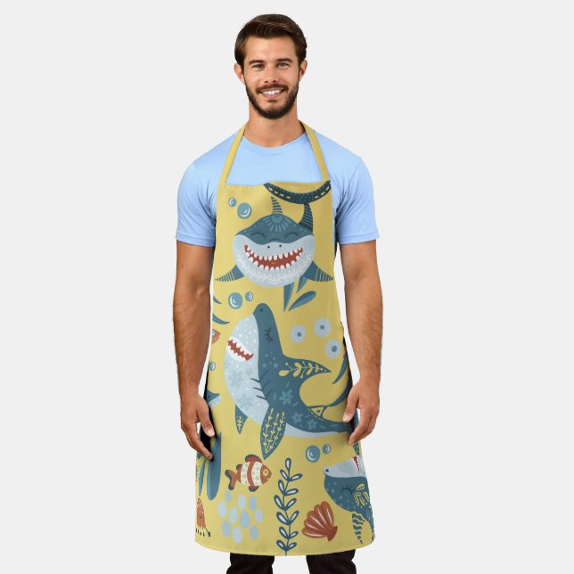 Fun shark cartoon collage cute illustration YELLOW Apron (Worn)