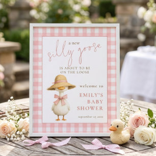 Fun Silly Goose Pink Gingham Welcome Baby Shower Poster
