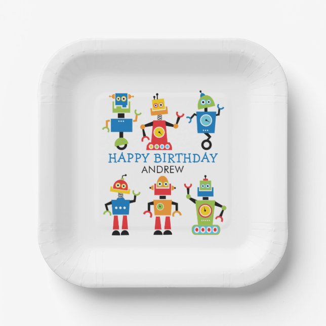 Fun Silly Robots Birthday Paper Plate Yellow edge (Front)