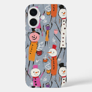 Fun Silly Snowmen Drinking Hot Cocoa iPhone 16 Case