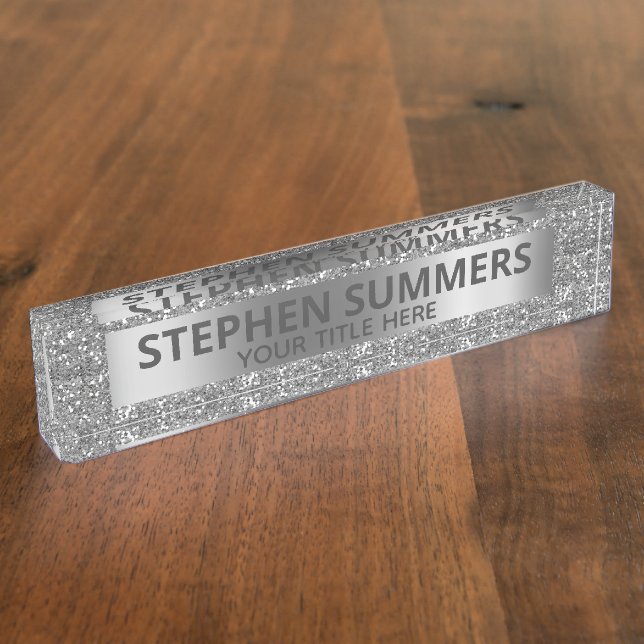 Fun Silver Faux Glitter Sparkle Glam Custom Nameplate (Side)