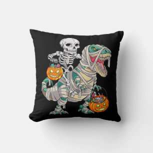 Fun Skeleton Riding Mummy Dinosaur T rex Halloween Throw Pillow
