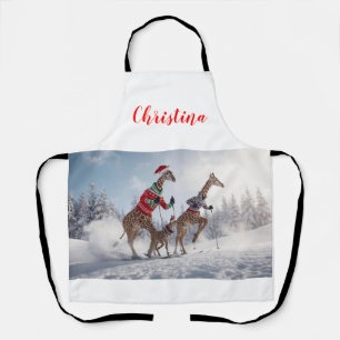 Fun Skiing Giraffe Family Christmas Personalized Apron