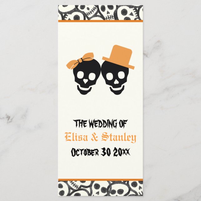 Fun skulls Halloween orange wedding program (Front)