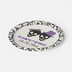 Fun skulls Halloween purple and black wedding Paper Plate