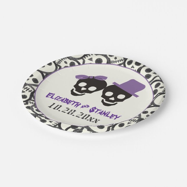 Fun skulls Halloween purple and black wedding Paper Plate (Angled)
