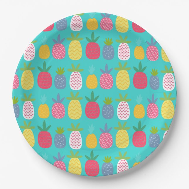 Fun Sky Blue Colourful Pineapple pattern  Paper Plate (Front)