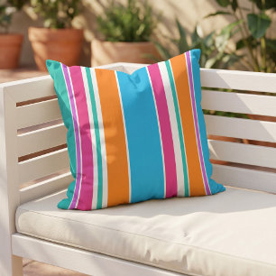 Fun Sky Blue Hot Pink Orange White Stripes Outdoor Pillow