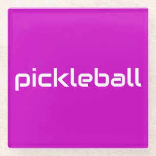 Fun Sleek White PICKLEBALL Text On Bright Pink Glass Coaster