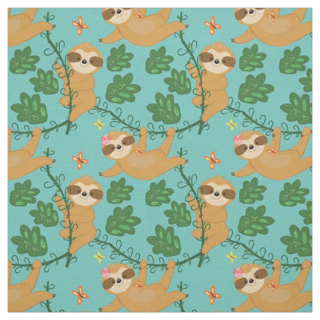 Fun Sloth and Vines Repeat Pattern Fabric (Swatch)