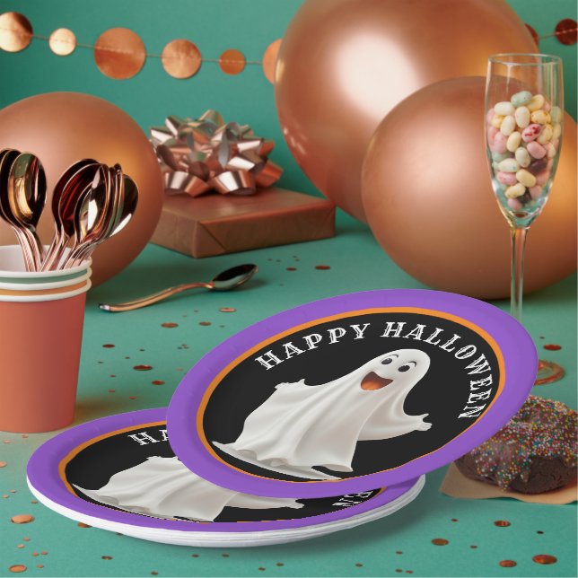 Fun, Smiling Ghost Happy Halloween  Paper Plate (Multi)