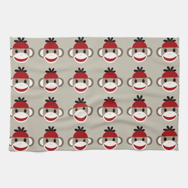 Fun Smiling Red Sock Monkey Happy Patterns Kitchen Towel (Horizontal)