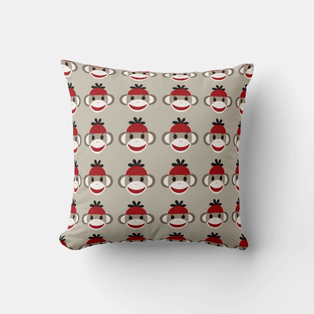 Fun Smiling Red Sock Monkey Happy Patterns Throw Pillow (Front)