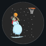 Fun Snowman Bysketbyll Christmas  Classic Round Sticker<br><div class="desc">Fun Snowman Bysketbyll Christmas</div>