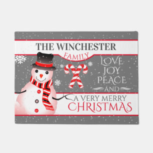 FUN Snowman in Blk Hat and Scarf   GREY Christmas Doormat