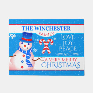 FUN Snowman in Blue Hat and Scarf   BLUE Christmas Doormat
