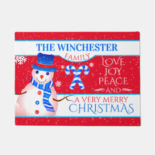 FUN Snowman in Blue Hat and Scarf RED Christmas Doormat