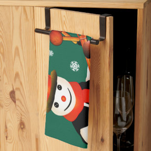 FUN Snowman in Hat and Scarf GREEN Christmas Kitchen Towel