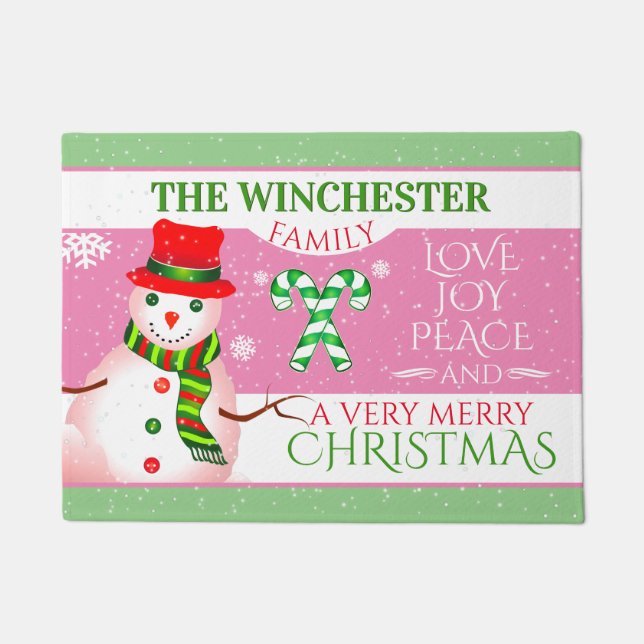 FUN Snowman in Red Hat and Scarf | PINK Christmas Doormat (Front)