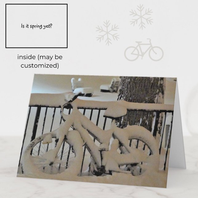 Fun Snowy Bicycle Black + White Photo Card (This fun card depicts a black and white photo of a snowy bicycle in winter. )