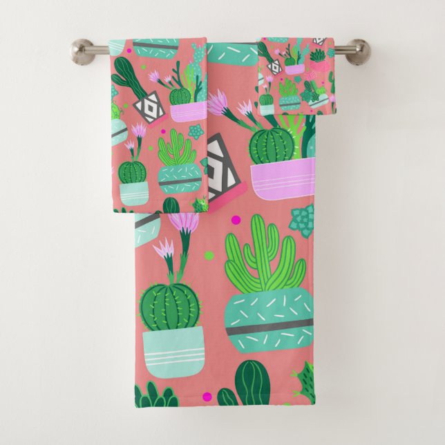 Fun Southwestern Cute Girly Pink Cactus Pattern Bath Towel Set (Insitu)