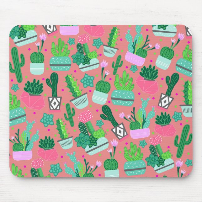 Fun Southwestern Cute Girly Pink Cactus Pattern Mouse Pad (Front)
